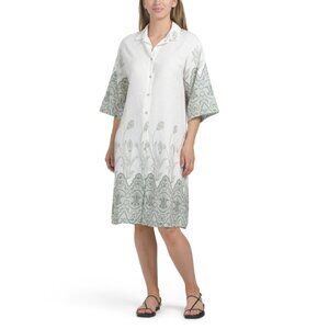 SPIGHE DI LINO Italy Linen Blend Short Sleeve Border Print Mini Dress